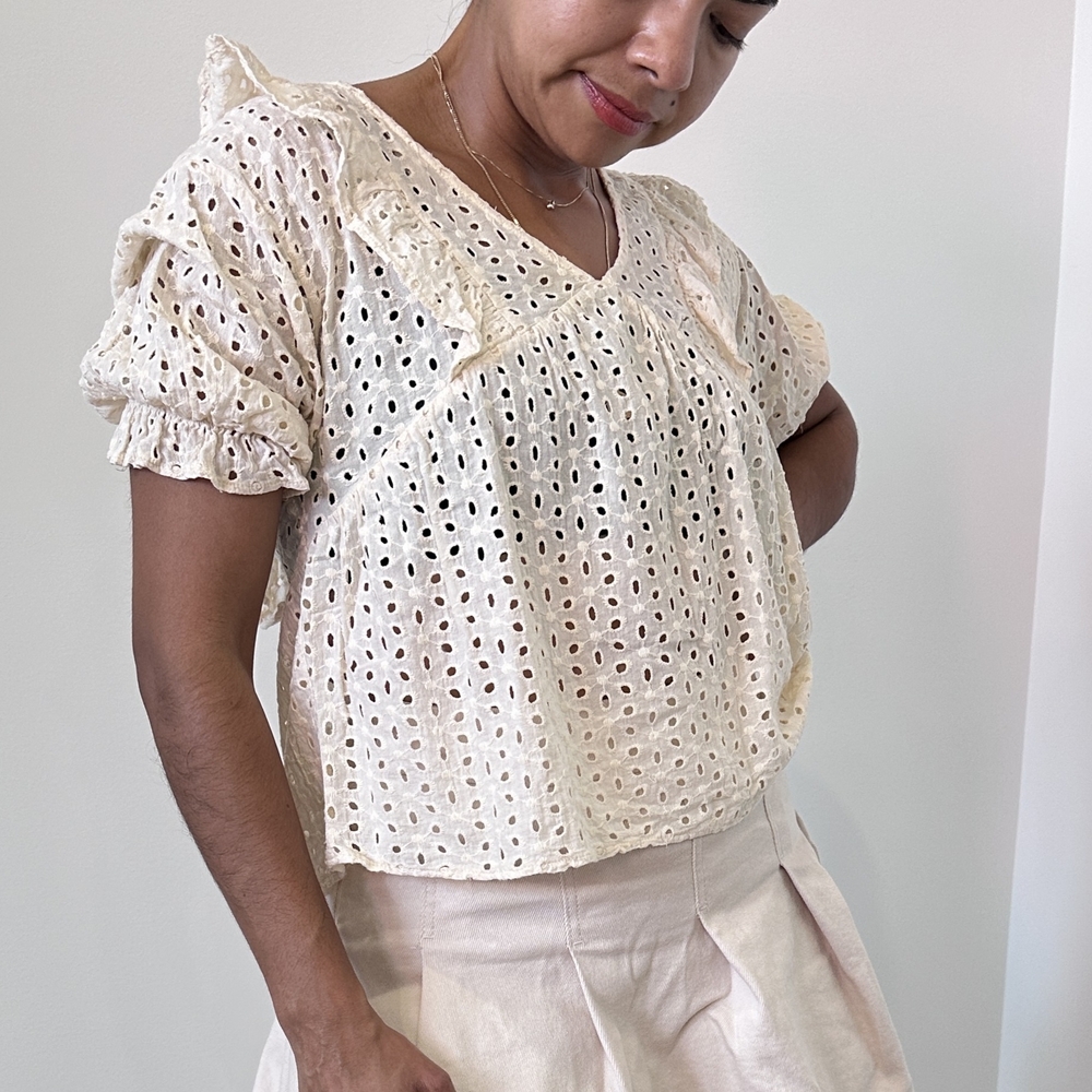 Eyelet Lace Coquette Cotagecore Femenine Romantic Boho Ruffle Flowy Vacation Top